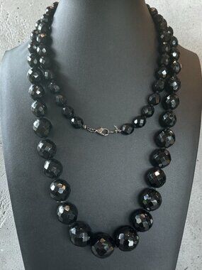 VTG Long Art Deco Large Black Faceted Glass Graduated Bead Necklace 39” 9mm-19mm